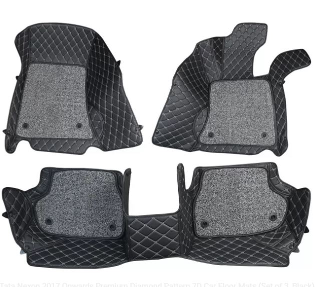 Tata Nexon 2017 Onwards Premium Diamond Pattern 7D Car Floor Mats (Set of 3, Black)